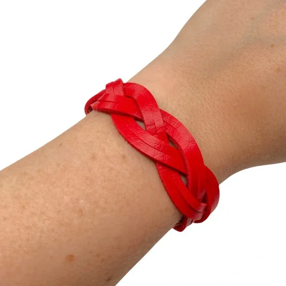 Red Genuine Leather Braided Western Cowgirl Cuff Adjustable Women’s Bracelet NEW - Picture 6 of 6